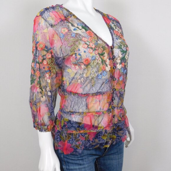 Johnny Was Biya Locust Mesh Floral Top S (92425) - Picture 2 of 7